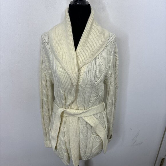 Vintage Kari Lynn Woman M Open Cardigan Belted Cable Knit Sweater Fisherman 70s - Picture 1 of 7